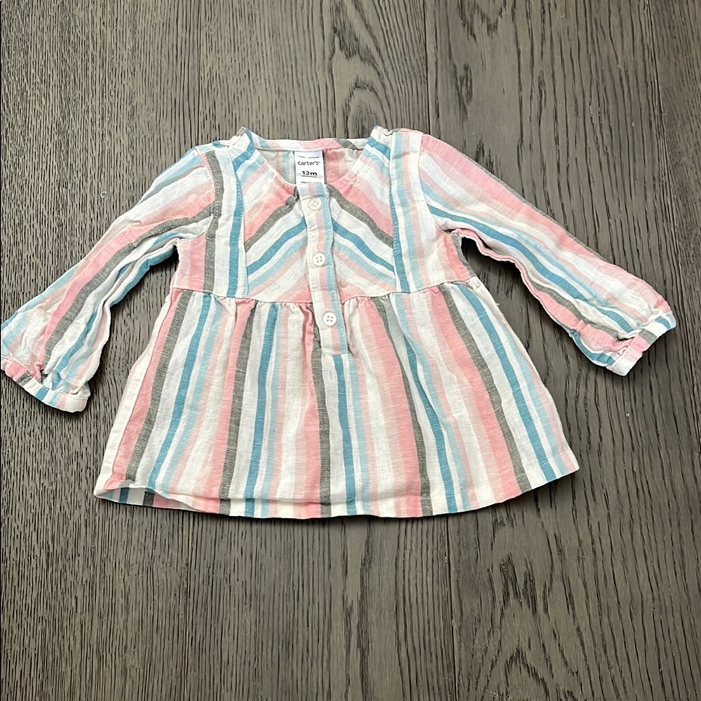 Carter's Pink and Blue Striped linen Blouse with Flowy Design 12m
